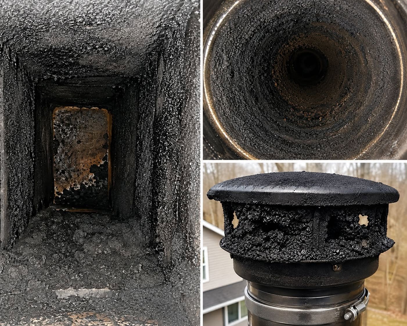 Heavy creosote and soot buildup inside chimney flues